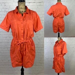 Orange Button Front Drawstring Cargo Pockets Romper